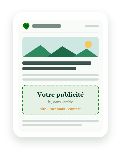Aperçu d'un encart publicitaire intégré dans un article Tchanga Actu, avec des liens
                             vers votre site, votre page Facebook et votre fiche de contact.